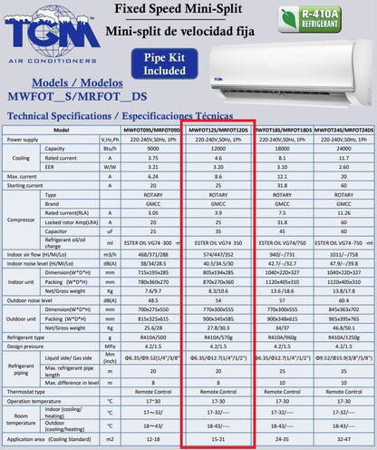 TGM Fixed Speed Mini Split Air Conditioner Unit 12,000 BTU