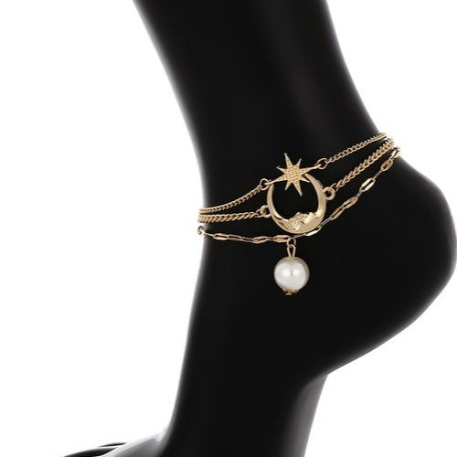 AC043842 Star Moon Pearl Pendant Anklet Gold