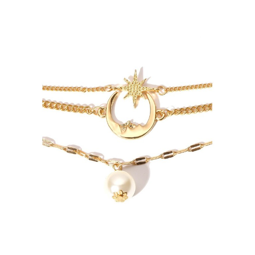 Star Moon Pearl Pendant Anklet Gold
