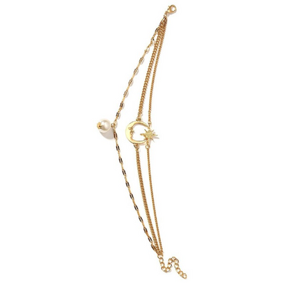 Star Moon Pearl Pendant Anklet Gold