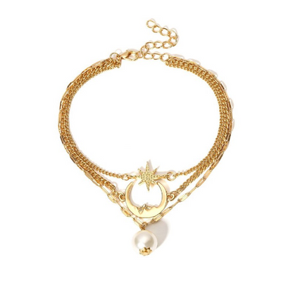 Star Moon Pearl Pendant Anklet Gold