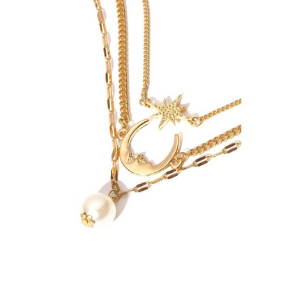 Star Moon Pearl Pendant Anklet Gold