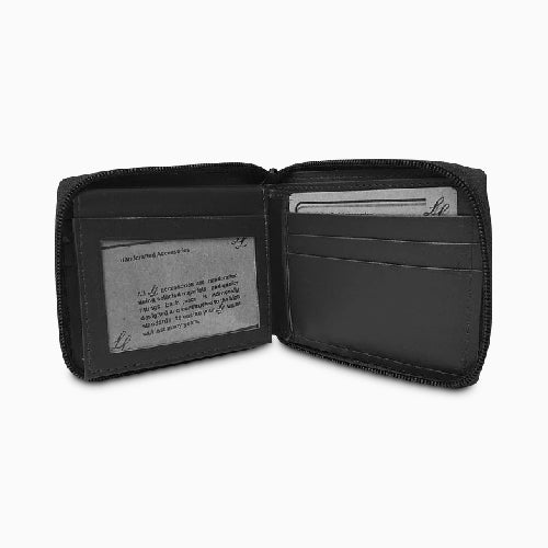 Genuine Leather Bi-Fold Zip-Around Wallet Black