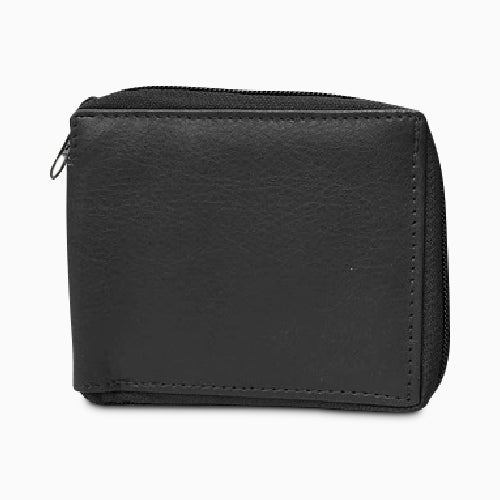 Genuine Leather Bi-Fold Zip-Around Wallet Black