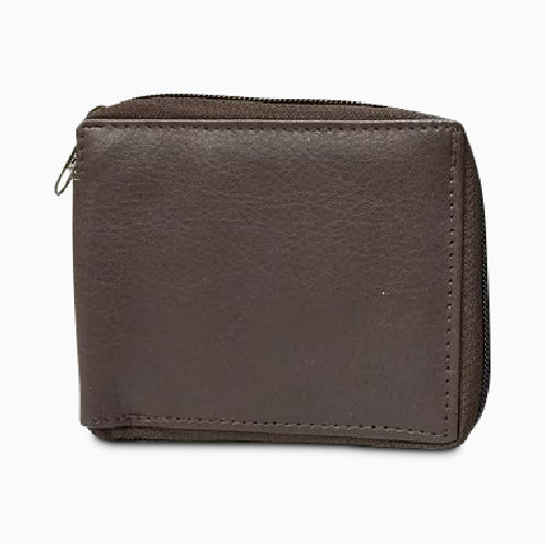 Genuine Leather Bi-Fold Zip-Around Wallet Dark Brown