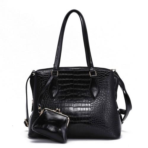 T2873 BK Fashion Crocodile Print Handbag Set Black