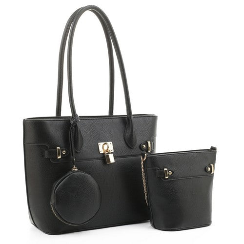 JZS30256 BK Padlock 3pc Handbag Set Black