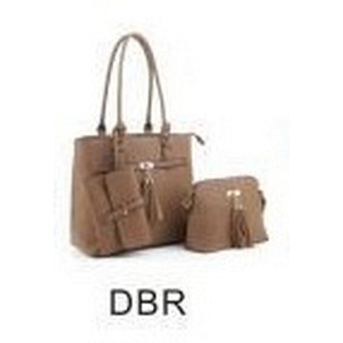 JUW-30170 DBR Tassel 3pc Handbag Set Brown