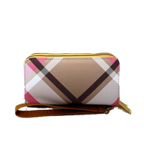 30027 APR Plaid Double Zip Purse Apricot