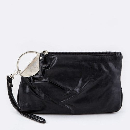 05-WL125 Pleated Silver Ring Wristlet Black