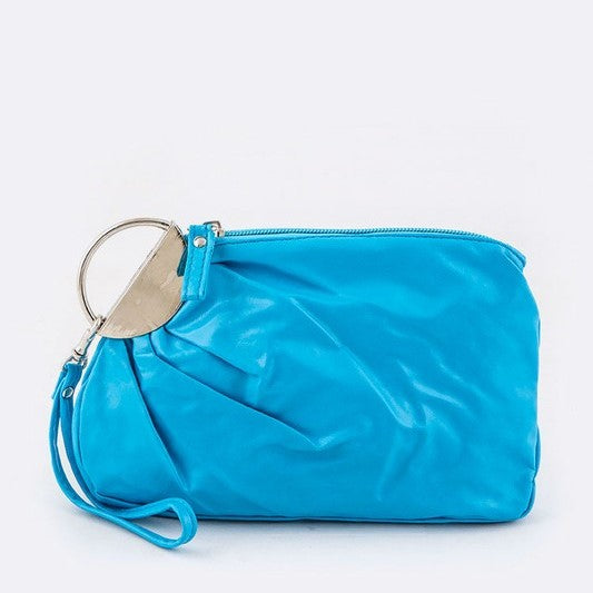 05-WL125 Pleated Silver Ring Wristlet Blue