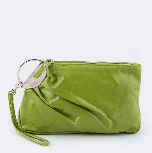 05-WL125 Pleated Silver Ring Wristlet Green