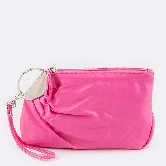 05-WL125 Pleated Silver Ring Wristlet Fuchsia