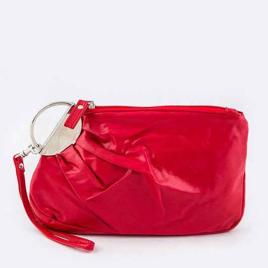 05-WL125 Pleated Silver Ring Wristlet Red