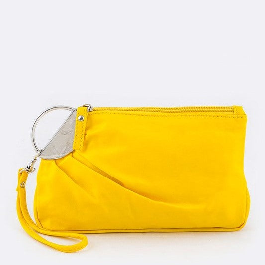 05-WL125 Pleated Silver Ring Wristlet Yellow