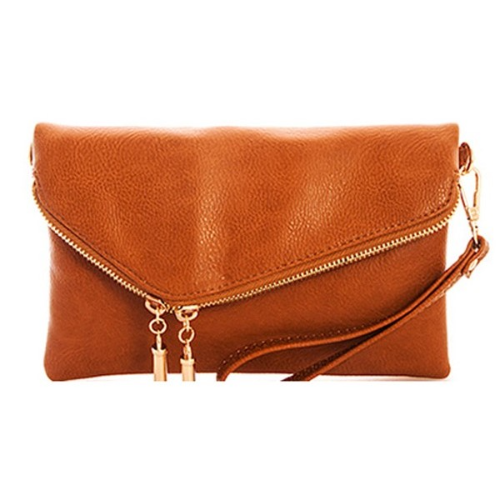 AD2585 Double Zip Fold Over Clutch Tan