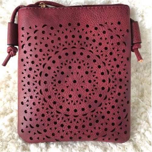 Laser Cut Double Zip Crossbody Bag Burgundy