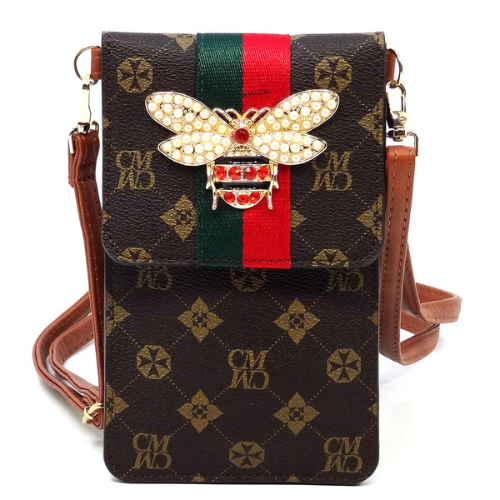 Queen Bee Monogram Cell Phone Side Bag  Brown