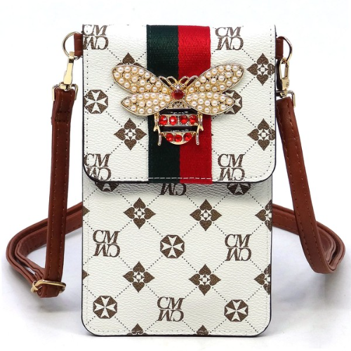 Queen Bee Monogram Cell Phone Side Bag  White
