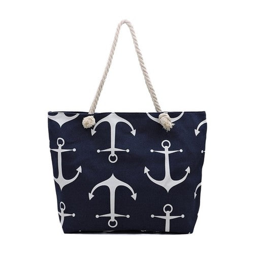 Anchor Print Canvas Beach Bag Navy