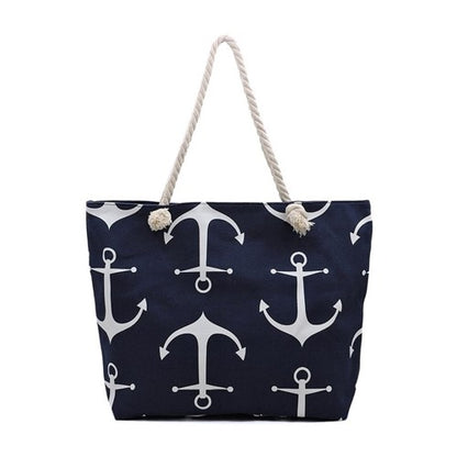 Anchor Print Canvas Beach Bag Navy