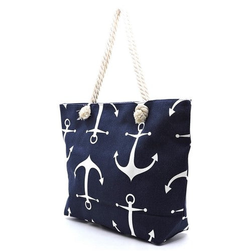 Anchor Print Canvas Beach Bag Navy