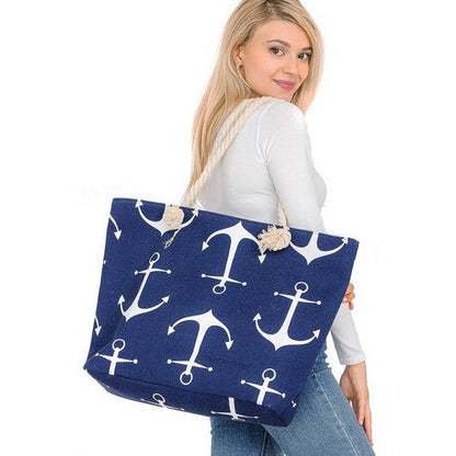 Anchor Print Canvas Beach Bag Navy