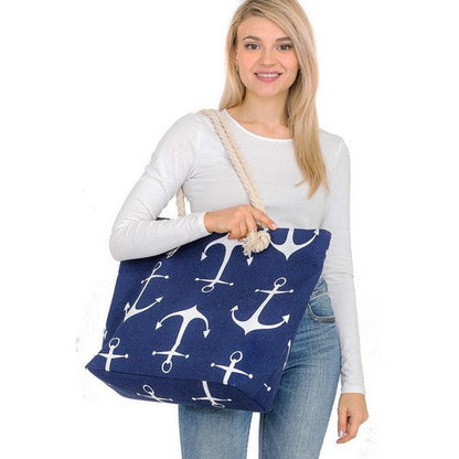 Anchor Print Canvas Beach Bag Navy