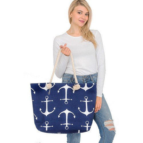 Tote-328-11-A Anchor Print Canvas Beach Bag Navy Blue