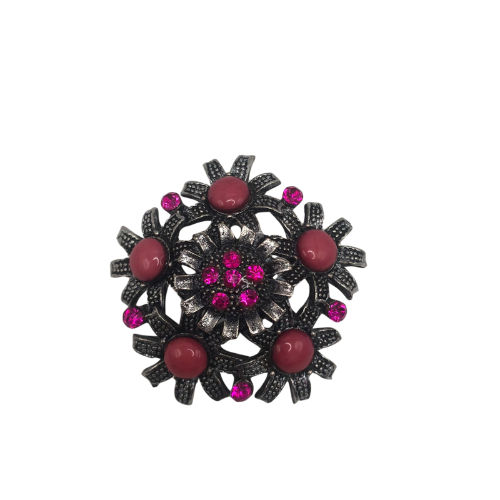 5 Flower 5 Gem Brooch Pink & Silver