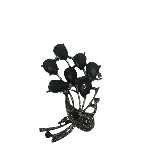 2 Gem Flower Bouquet Brooch Black