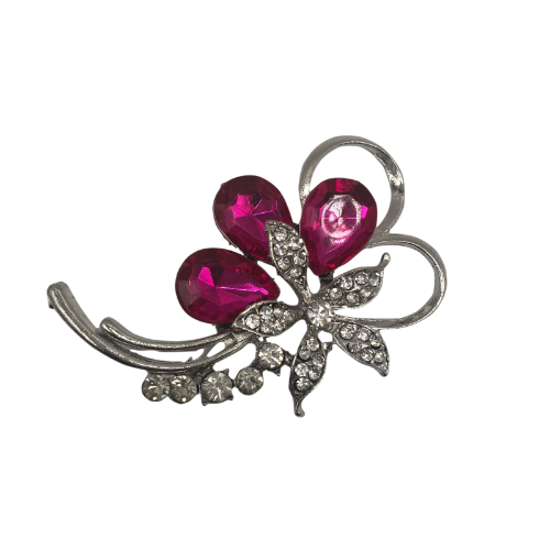 3 Gem Flower Brooch Pink & Silver