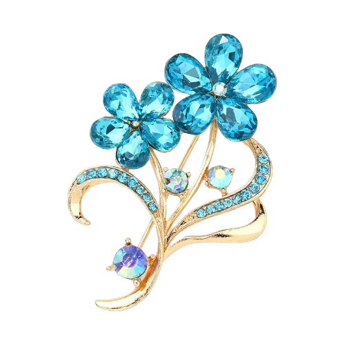 Flower & Leaf Crystal Pin Brooch Blue