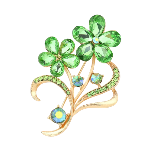 Flower & Leaf Crystal Pin Brooch Green