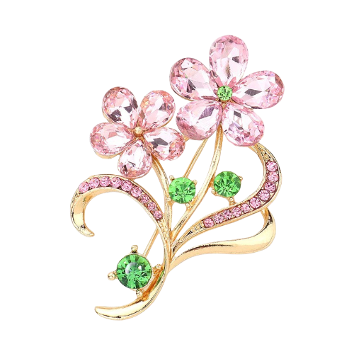 Flower & Leaf Crystal Pin Brooch Pink & Green