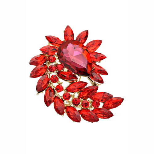 Marquise Cluster Flower & Leaf Pin Brooch Red