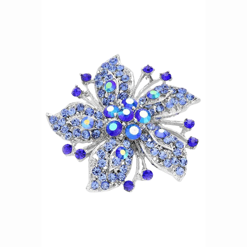 Flower & Leaf Crystal Pin Brooch Silver/Blue