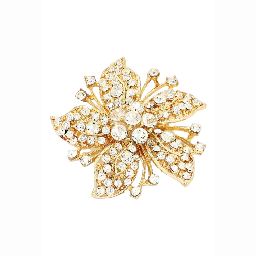 Flower & Leaf Crystal Pin Brooch Gold/Clear