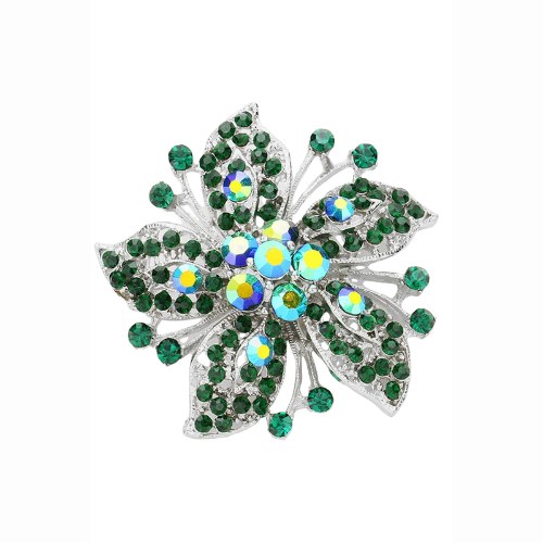 Flower & Leaf Crystal Pin Brooch Silver/Green