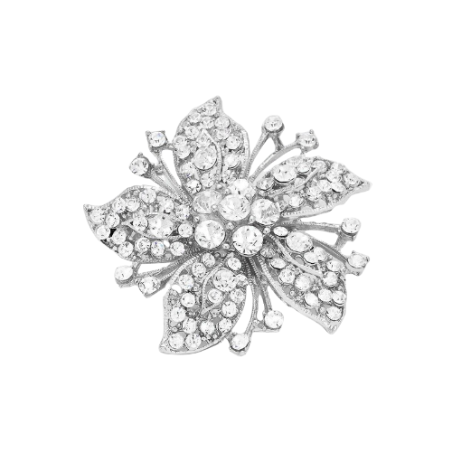 Flower & Leaf Crystal Pin Brooch Silver/Clear