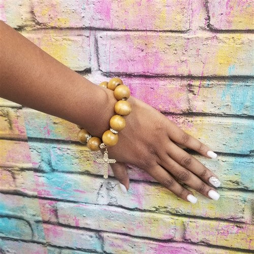 Wood Ball Stretch Bangle with Cross