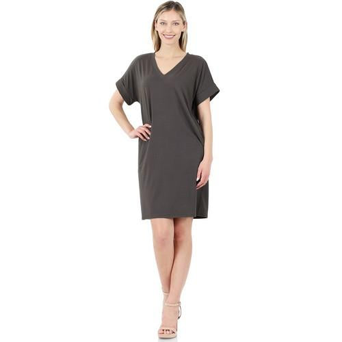 PD-2457AB Brushed DTY Rolled Short Sleeve V-Neck Dress Ash Grey