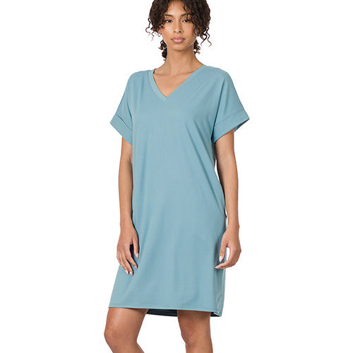 PD-2457AB Rolled Short Sleeve V-Neck Dress Blue Grey