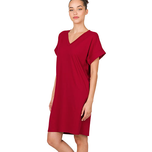 PD-2457AB Rolled Short Sleeve V-Neck Dress Burgundy