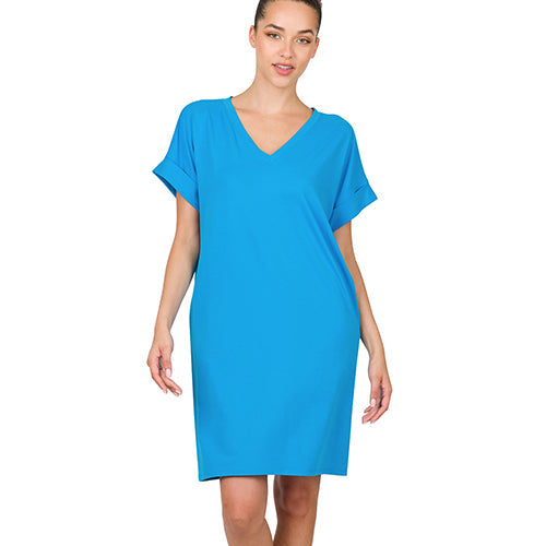 PD-2457AB Rolled Short Sleeve V-Neck Dress Deep Sky