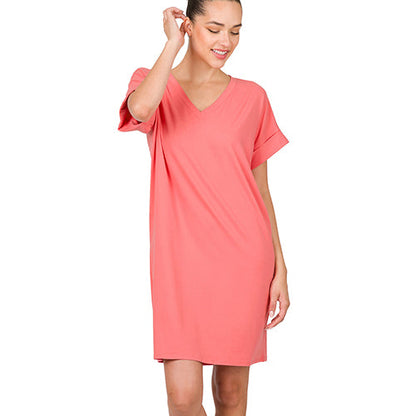 PD-2457AB Rolled Short Sleeve V-Neck Dress Desert Rose