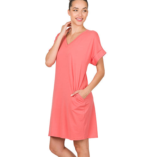 Rolled Short Sleeve V-Neck Dress Desert Rose