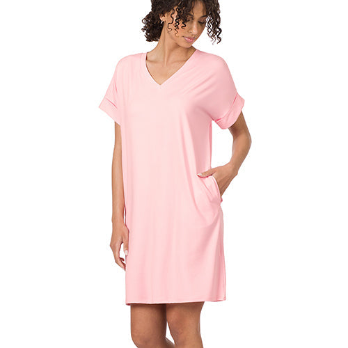 PD-2457AB Rolled Short Sleeve V-Neck Dress Dusty Pink