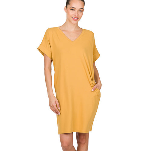 PD-2457AB Rolled Short Sleeve V-Neck Dress Light Mustard