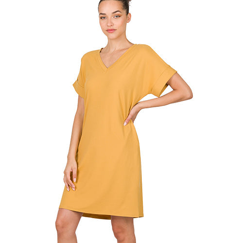 Rolled Short Sleeve V-Neck Dress Light Mustard